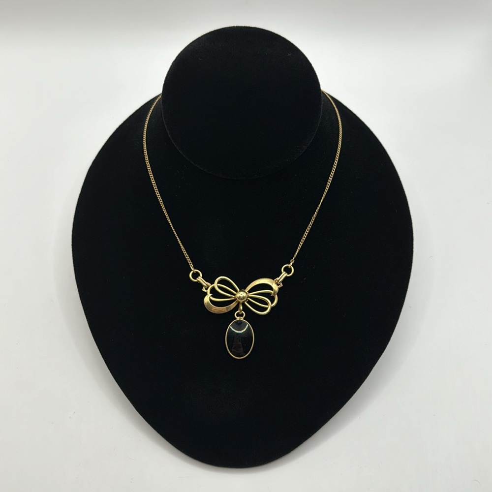 CURTIS CREATIONS Vintage 12K Gold Onyx Bow Necklace